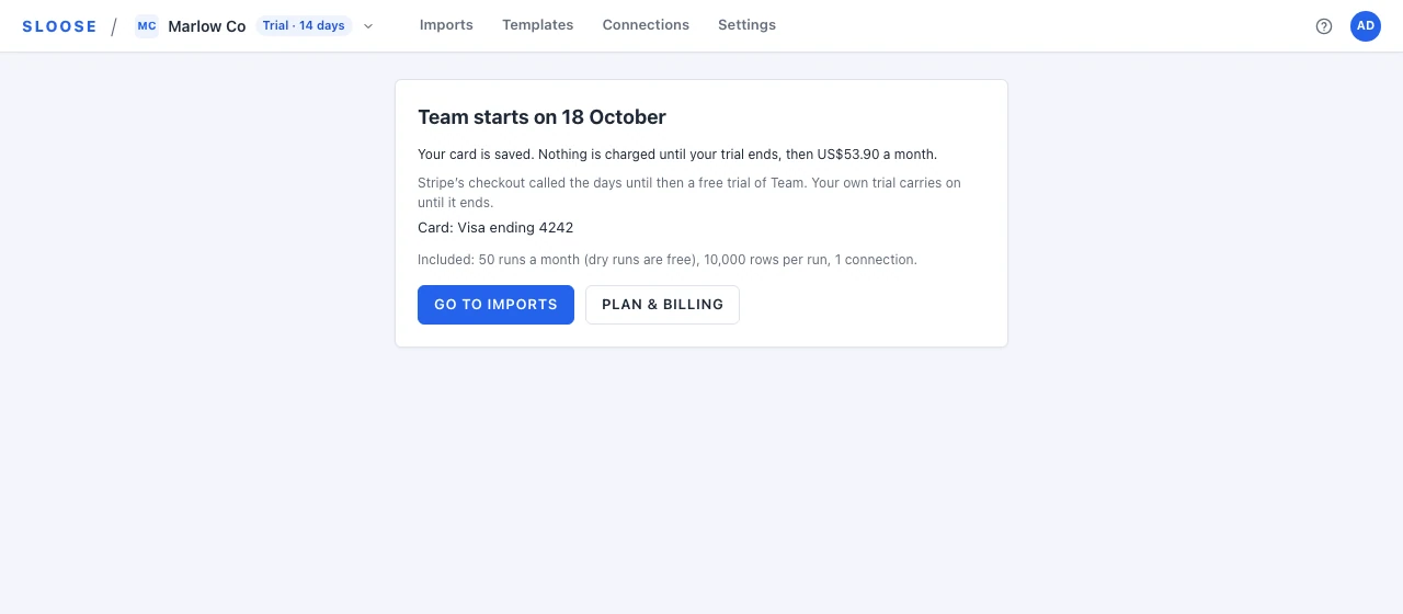 The page after a plan is chosen during a trial: Team starts on 18 October, your card is saved and nothing is charged until the trial ends.