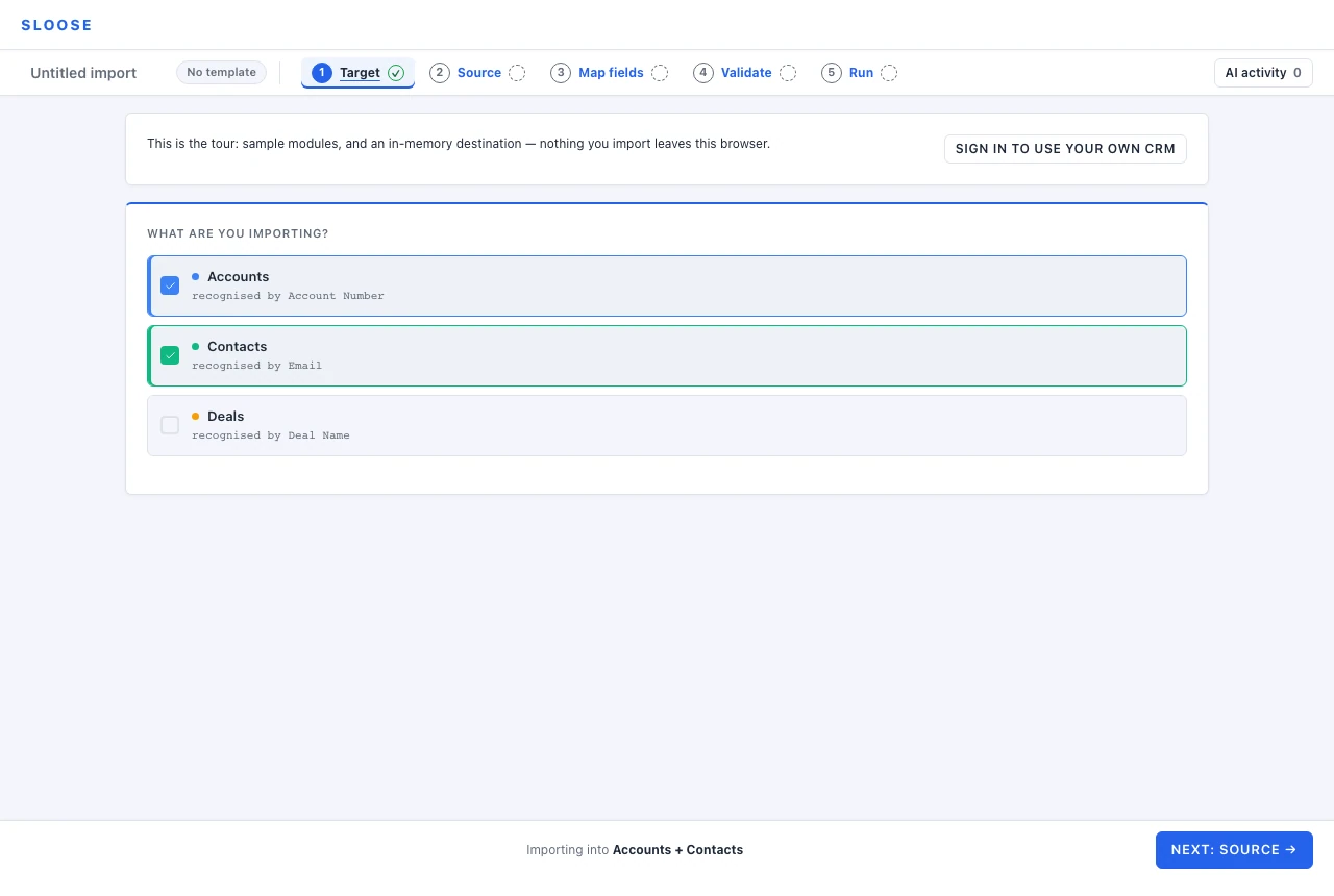 Target in the tour: what the tour is, and the modules this import can feed. The bar above names the import and says which template it came from, if any.