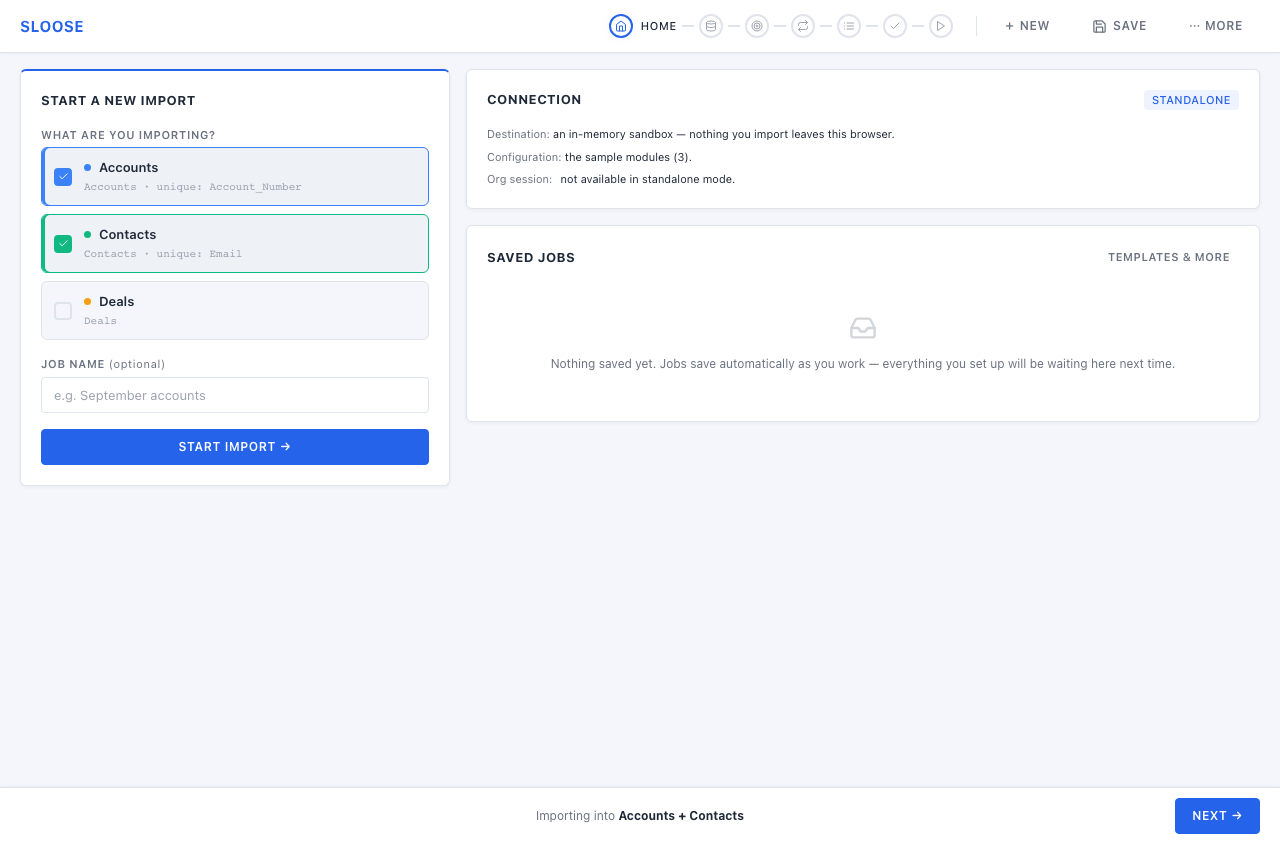 The standalone sandbox: pick your modules, name the job, and start.