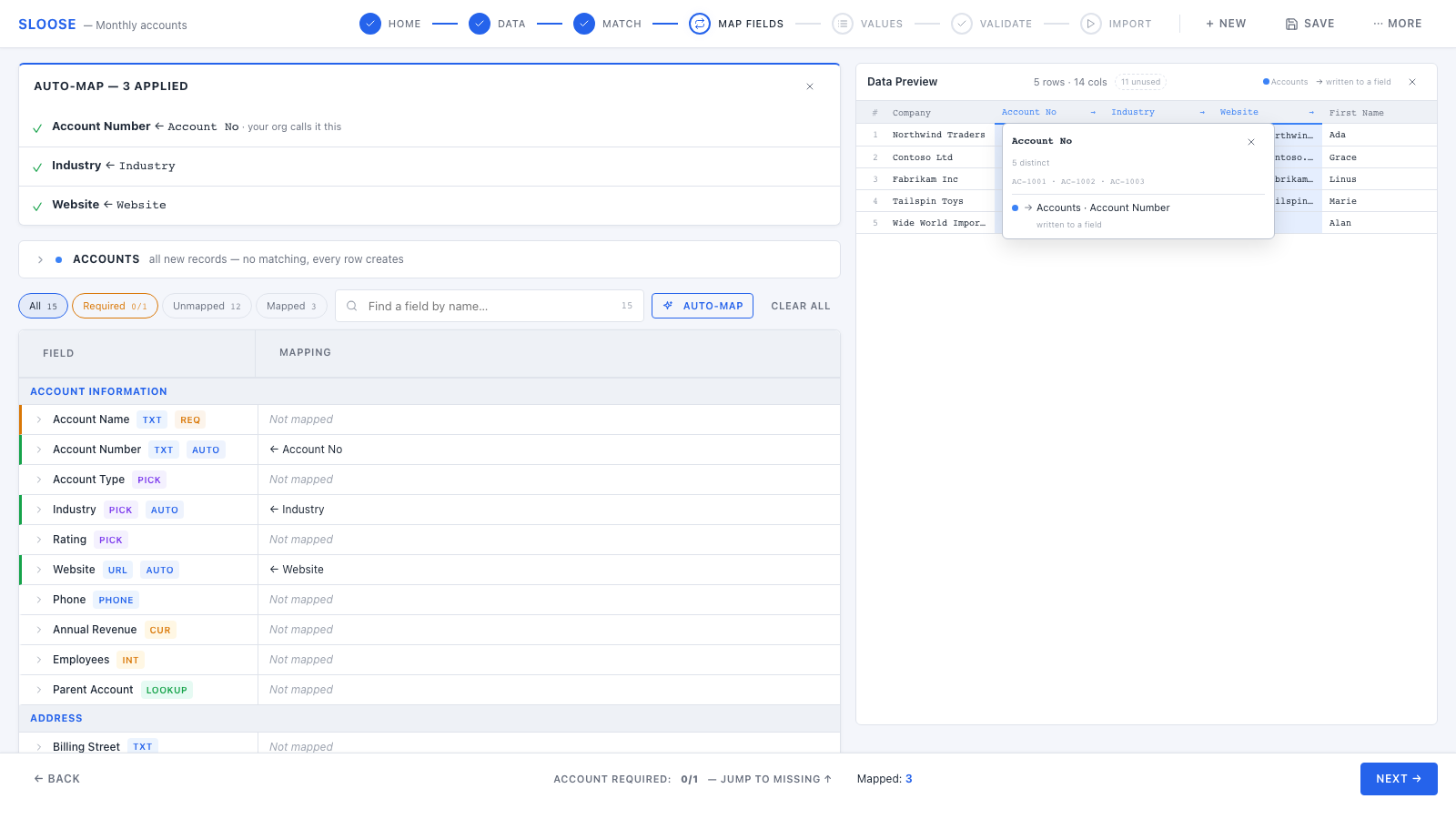 The Data Preview beside the grid: each column marked with what the import does with it, the count of columns nothing reads, and one column’s card open.