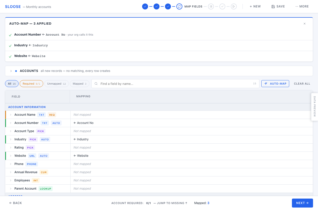 After Auto-map. Each proposal says where it came from; required fields are still flagged.