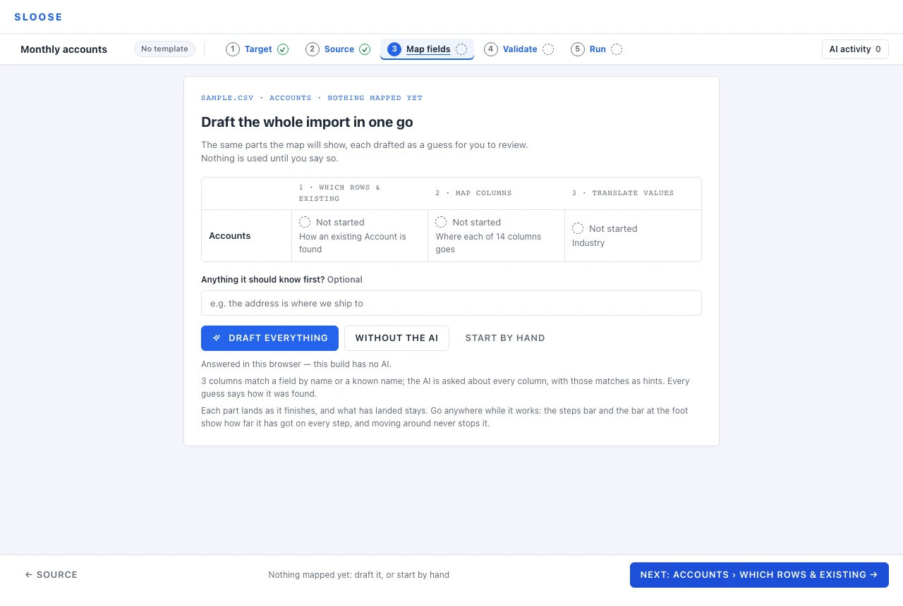 Arriving at Map fields: draft the whole import in one go — with the AI, without it, or by hand.