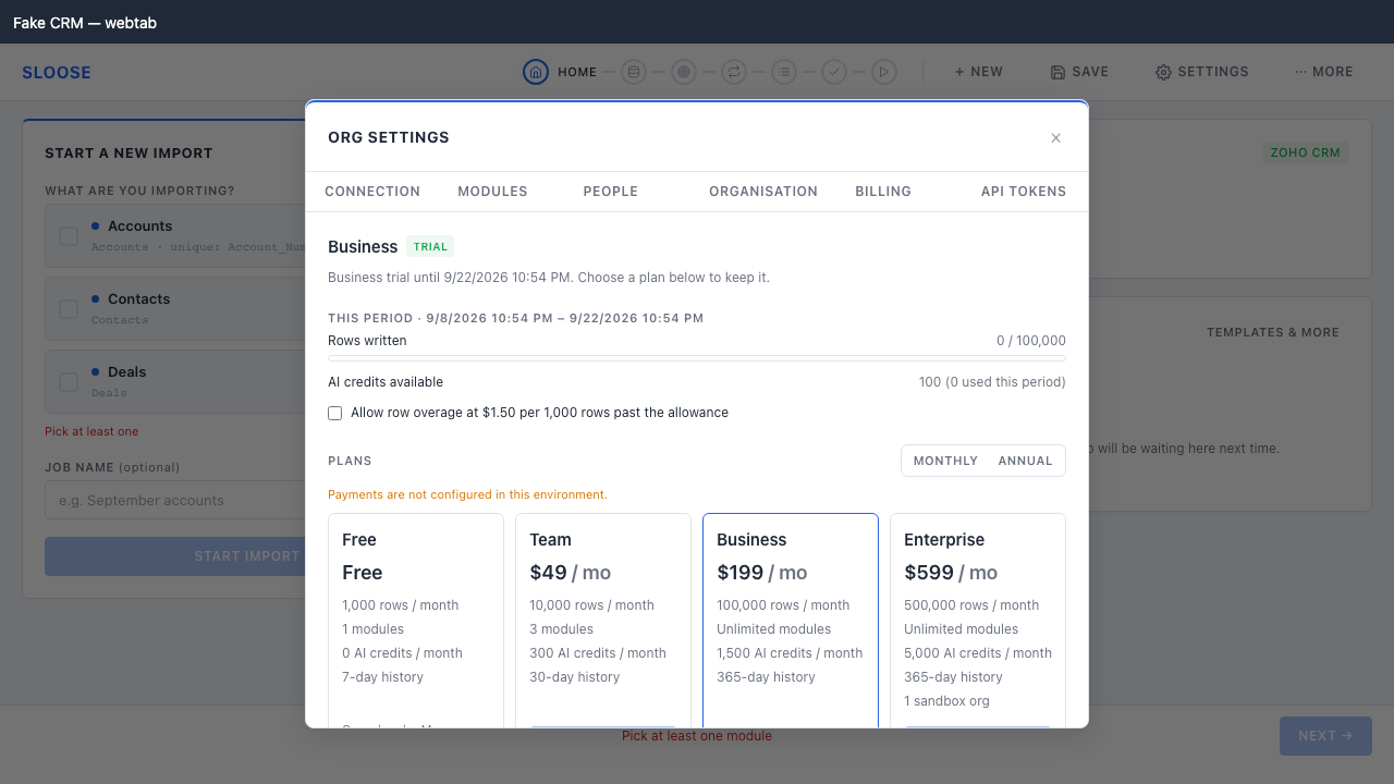 The Billing tab: plan, period usage, credits, row overage and the catalogue.