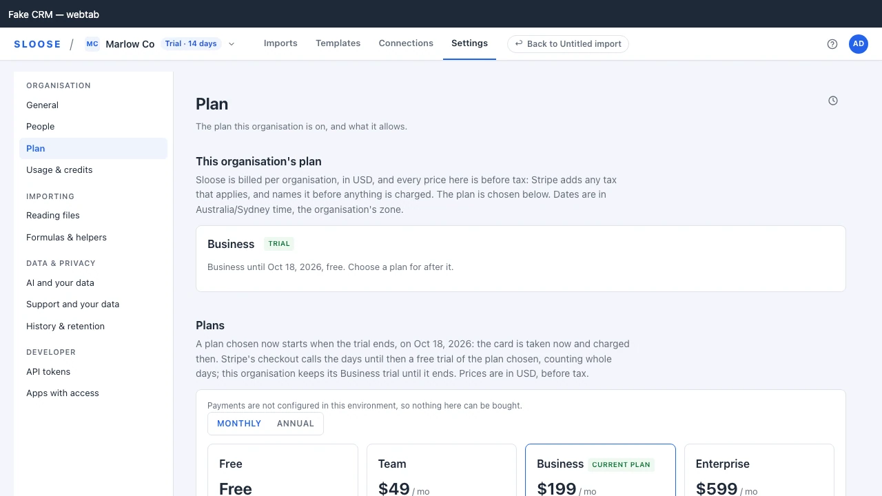 The Plan page: the subscription, its status, and the catalogue.