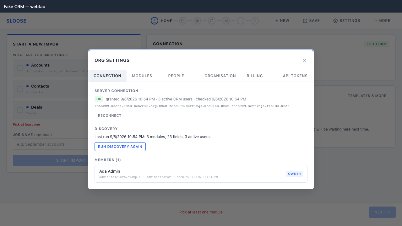 The Connectors tab: the CRM connector, its offline grant, and the last discovery run.