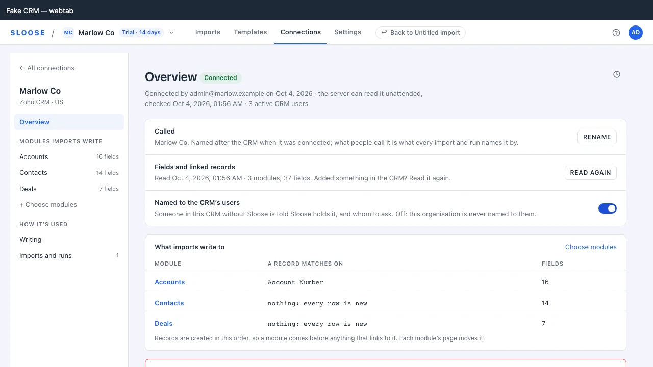 A connection’s Overview: the CRM, how it is held, the last read of its shape, and what imports write to.