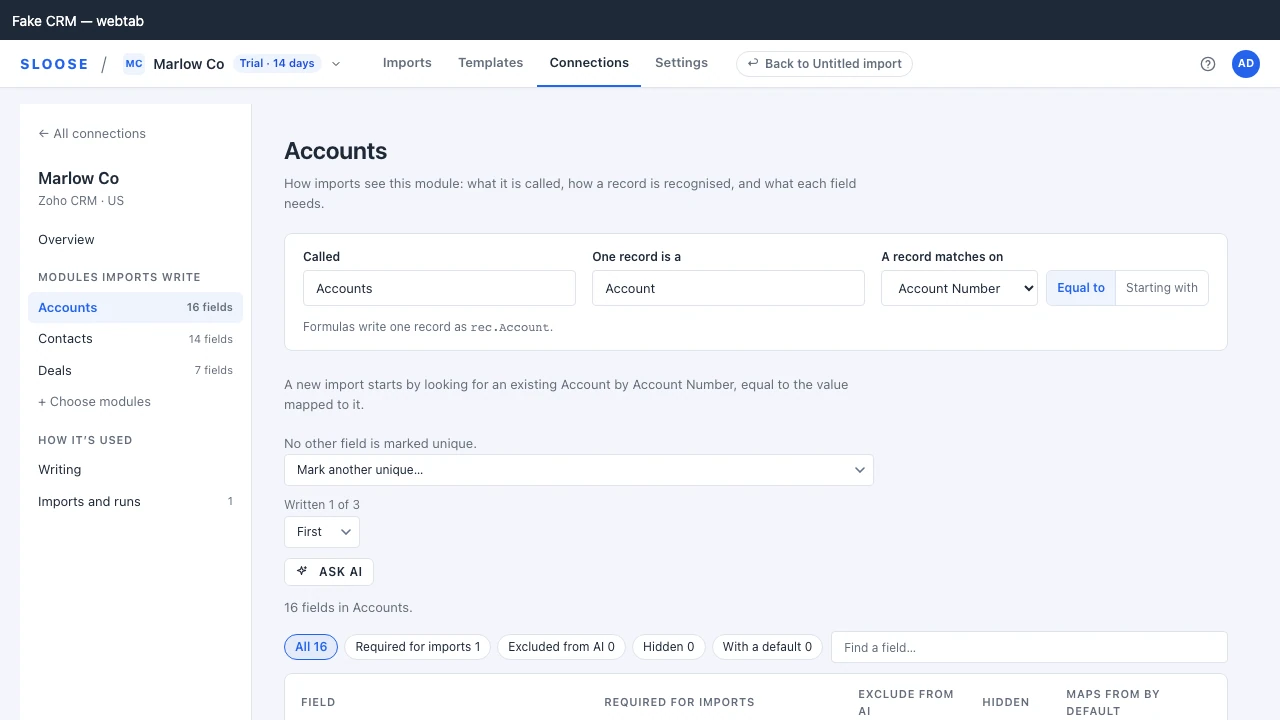 A module’s page: what it is called, what one of its records matches on, and its fields, with their marks as columns.