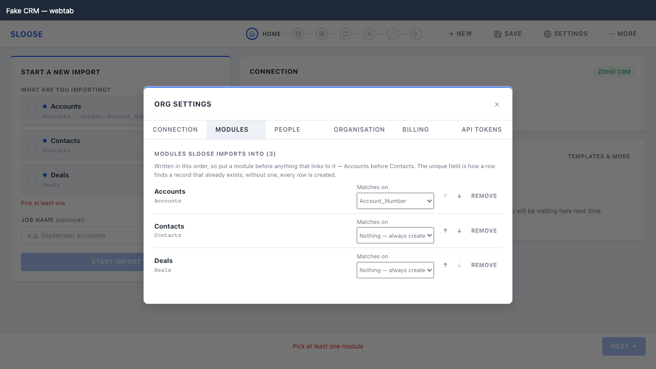 The Modules tab: what Sloose imports into, in creation order, with each module’s unique field.