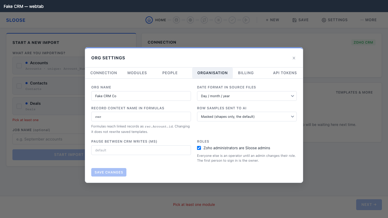 The Organisation tab: date format, expression context, AI sample policy and write pacing.