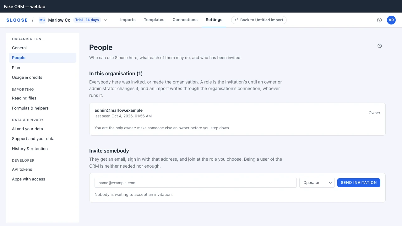 The People page: everybody in the organisation with their role, and the form to invite somebody.