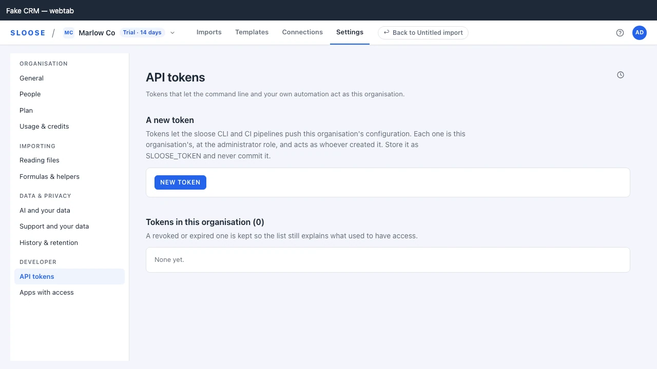 The API tokens page: New token, and the list of the organisation’s tokens, empty so far.
