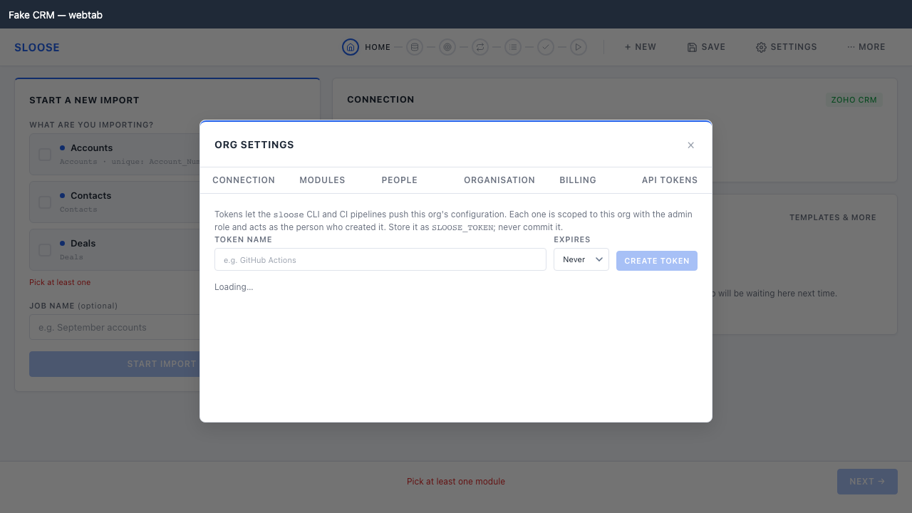 The API tokens tab. The secret appears once, at creation, and never in the list.