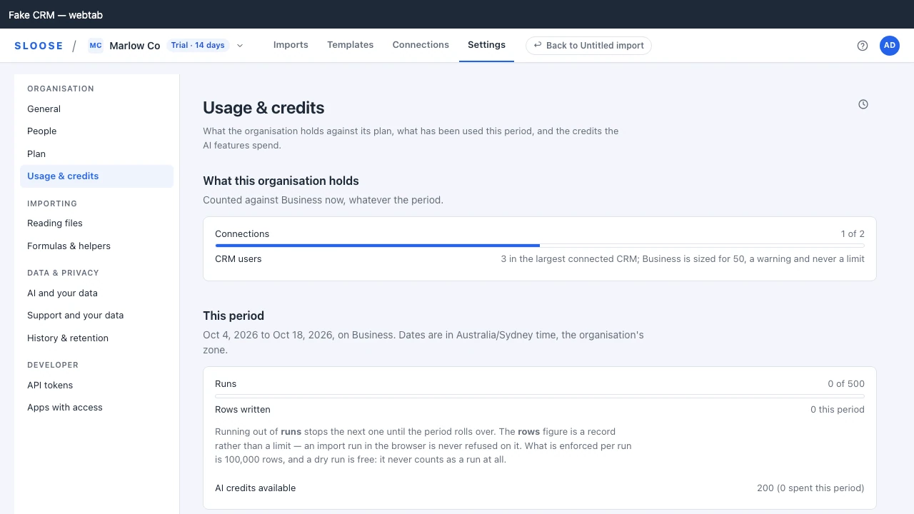 Usage &amp; credits: this period’s imports and rows, and the credit balance.