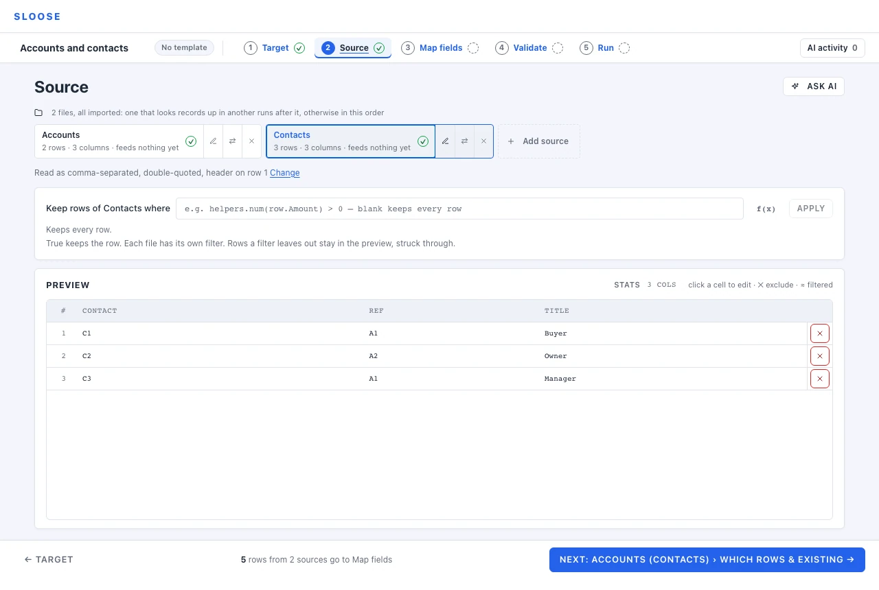 Two files in one import, named Accounts and Contacts, with Contacts being worked on.
