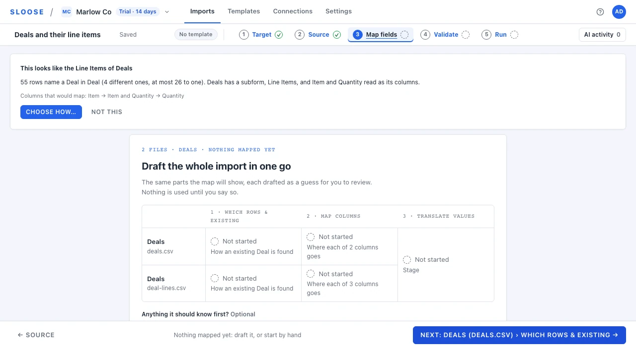 Map fields for an import of two files, deals.csv and deal-lines.csv: above the draft card, a card reads “This looks like the Line Items of Deals”, counts the rows naming a deal, and offers Choose how… and Not this.